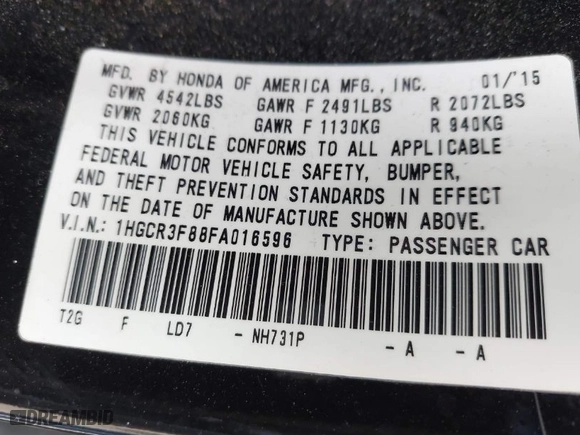 2015 Honda Accord Sedan EX-L with VIN 1HGCR3F88FA016596, listed as a IAAI auction lot 41987536 with 112,228 mi miles. Bid and sale history available at carsss.com. Image 9.