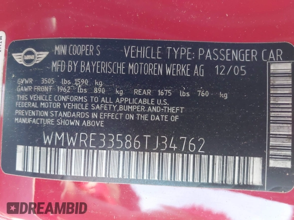 2006 MINI Hardtop S with VIN WMWRE33586TJ34762, listed as a IAAI auction lot 42255599 with 112,664 mi miles and . Bid and sale history available at DreamBid. Image 9.