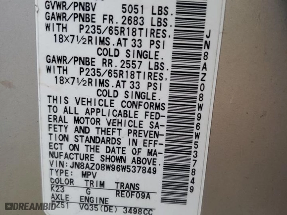 2006 Nissan Murano S with VIN JN8AZ08W96W537849, listed as a Copart auction lot 83966344 with 168,028 mi miles and Salvage Title. Bid and sale history available at carsss.com. Image 15.