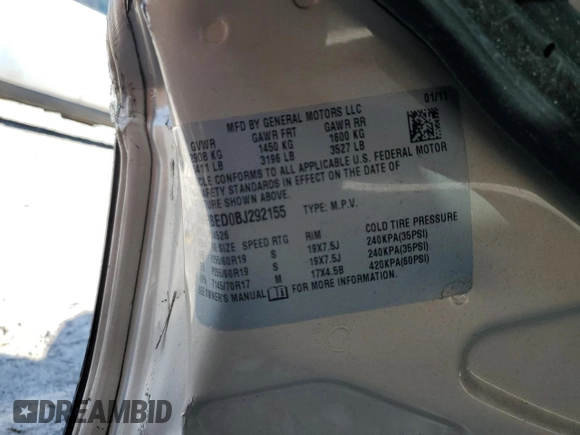 2011 Buick Enclave CXL-1 with VIN 5GAKRBED0BJ292155, listed as a Copart auction lot 52417205 with 164,274 mi miles and Clean Title. Bid and sale history available at carsss.com. Image 16.