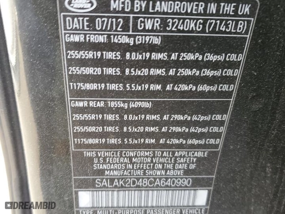 2012 Land Rover LR4 LUX with VIN SALAK2D48CA640990, listed as a Copart auction lot 42432275 with 186,296 mi miles and Salvage Title. Bid and sale history available at carsss.com. Image 13.