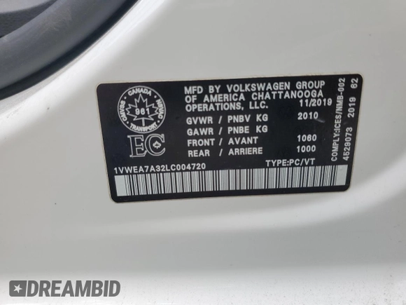 2020 Volkswagen Passat with VIN 1VWEA7A32LC004720, listed as a Copart auction lot 57310295 with 125,589 mi miles and Salvage title. Bid and sale history available at DreamBid. Image 12.