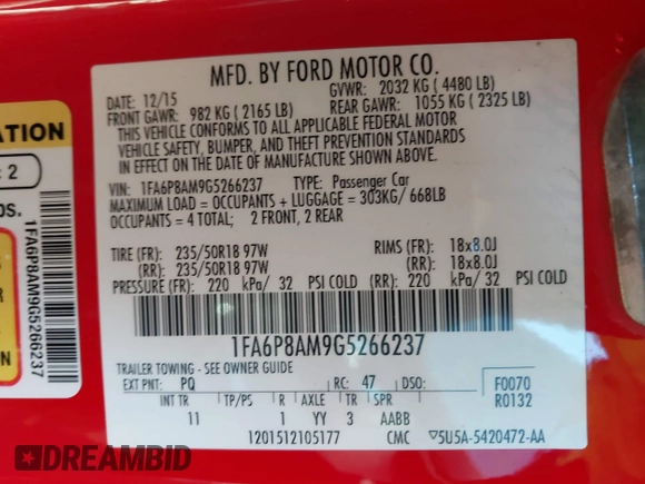 2016 Ford Mustang V6 with VIN 1FA6P8AM9G5266237, listed as a IAAI auction lot 40748318 with 72,607 mi miles and . Bid and sale history available at carsss.com. Image 9.