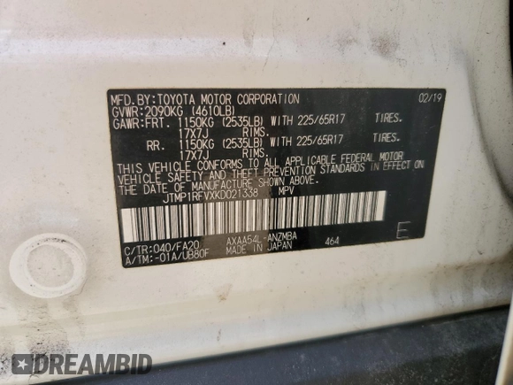 2019 Toyota RAV4 XLE with VIN JTMP1RFVXKD021338, listed as a Copart auction lot 52578515 with 41,327 mi miles and Salvage Title. Bid and sale history available at DreamBid. Image 13.