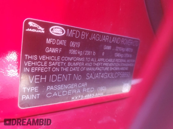 2020 Jaguar XE R-Dynamic S z VIN SAJAT4GX3LCP58893, wystawiony jako Copart lot #48403535 z przebiegiem 72 846 mil mil oraz Szkoda całkowita • Salvage title. Historia ofert i sprzedaży dostępna na DreamBid. Obrazek 12.