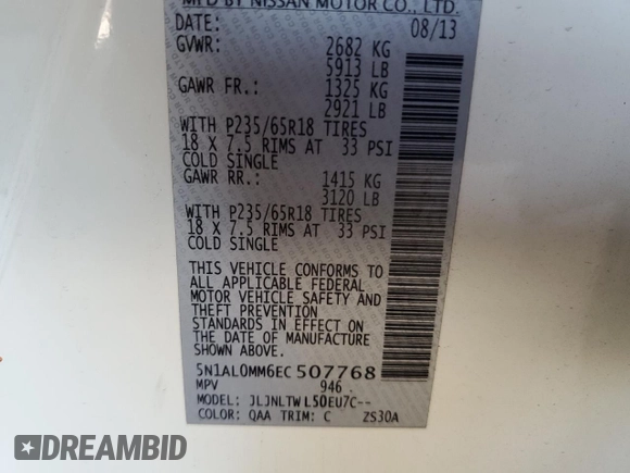 2014 Infiniti QX60 with VIN 5N1AL0MM6EC507768, listed as a Copart auction lot 64648255 with 131,395 mi miles and Salvage title. Bid and sale history available at DreamBid. Image 13.