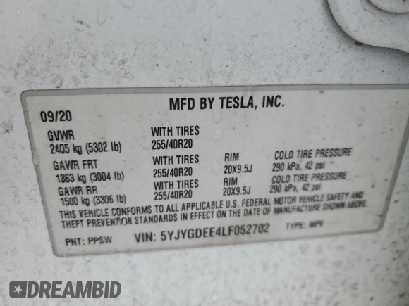 2020 Tesla Model Y Long Range z VIN 5YJYGDEE4LF052702, wystawiony jako Copart lot #53243385 z przebiegiem 75 917 mil mil oraz Szkoda całkowita • Salvage title. Historia ofert i sprzedaży dostępna na DreamBid. Obrazek 13.