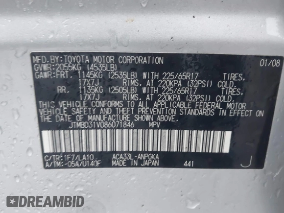 2008 Toyota RAV4 Limited with VIN JTMBD31V086071846, listed as a IAAI auction lot 42324666 with 134,696 mi miles and . Bid and sale history available at DreamBid. Image 9.