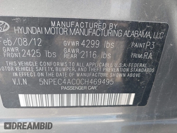 2012 Hyundai Sonata Limited with VIN 5NPEC4AC0CH469495, listed as a IAAI auction lot 42163156 with 99,000 mi miles and . Bid and sale history available at DreamBid. Image 9.
