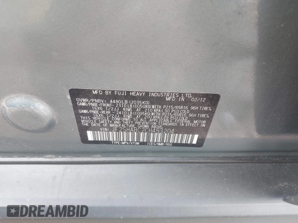 2012 Subaru Forester X with VIN JF2SHABC2CH453204, listed as a IAAI auction lot 42222210 with 78,086 mi miles and . Bid and sale history available at DreamBid. Image 9.