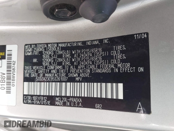 2005 Toyota Sienna CE with VIN 5TDZA23C95S261007, listed as a IAAI auction lot 42130492 with 215,717 mi miles and . Bid and sale history available at DreamBid. Image 9.
