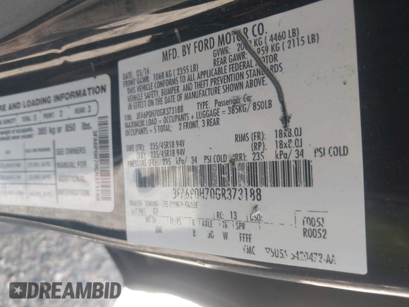 2016 Ford Fusion SE with VIN 3FA6P0H70GR373188, listed as a IAAI auction lot 42310193 with 127,295 mi miles and . Bid and sale history available at DreamBid. Image 9.