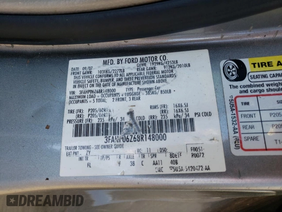 2008 Ford Fusion S with VIN 3FAHP06Z68R148000, listed as a Copart auction lot 85735144 with 105,092 mi miles and Clean Title. Bid and sale history available at carsss.com. Image 12.