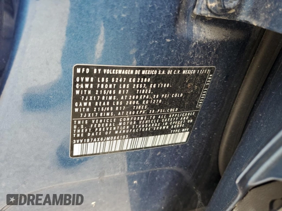 2018 Volkswagen Tiguan S z VIN 3VV1B7AX6JM084103, wystawiony jako Copart lot #65433355 z przebiegiem 112 946 mil mil oraz Czysty tytuł • Clean title. Historia ofert i sprzedaży dostępna na DreamBid. Obrazek 12.
