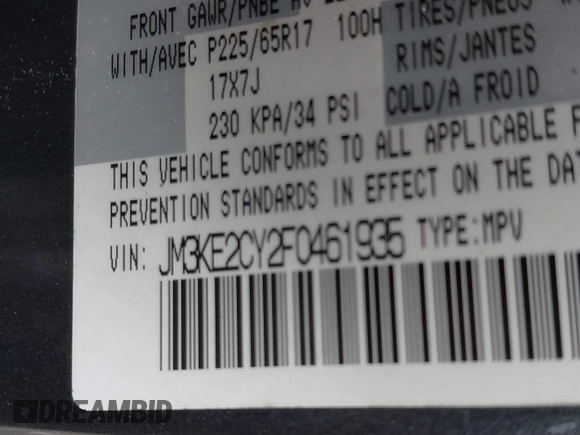 2015 Mazda CX-5 Touring with VIN JM3KE2CY2F0461935, listed as a IAAI auction lot 41430070 with 220,857 mi miles and . Bid and sale history available at DreamBid. Image 9.
