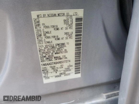 2004 Nissan Titan LE with VIN 1N6AA07A94N507274, listed as a Copart auction lot 47797205 with 144,021 mi miles and Salvage Title. Bid and sale history available at DreamBid. Image 12.
