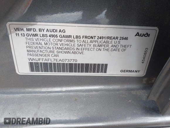 2014 Audi A4 Premium Plus with VIN WAUFFAFL7EA073770, listed as a IAAI auction lot 41655990 with 230,484 mi miles. Bid and sale history available at carsss.com. Image 9.