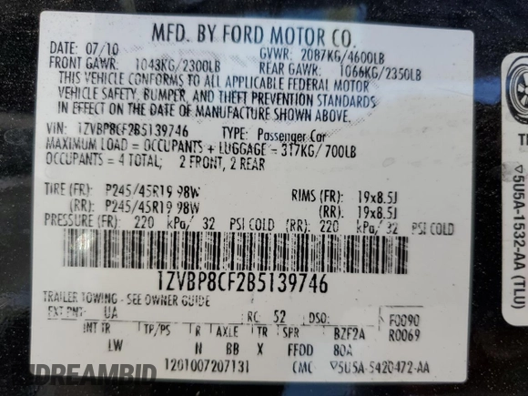 2011 Ford Mustang GT z VIN 1ZVBP8CF2B5139746, wystawiony jako Copart lot #57845505 z przebiegiem 98 469 mil mil oraz Szkoda całkowita • Salvage title. Historia ofert i sprzedaży dostępna na DreamBid. Obrazek 12.