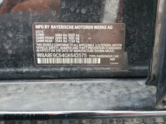 2016 BMW 3 Series 328i with VIN WBA8E9C54GK643575, listed as a Copart auction lot 50355285 with 161,847 mi miles and Salvage Title. Bid and sale history available at DreamBid. Image 12.