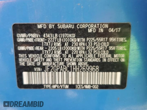 2017 Subaru Crosstrek Premium with VIN JF2GPABC1HH269968, listed as a Copart auction lot 56564915 with 89,785 mi miles and Salvage title. Bid and sale history available at DreamBid. Image 13.