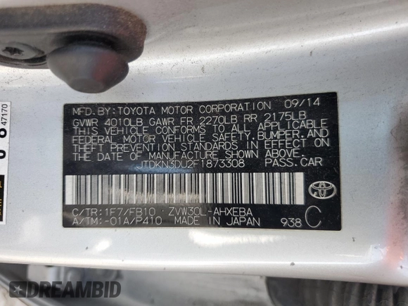 2015 Toyota Prius Four with VIN JTDKN3DU2F1873308, listed as a Copart auction lot 52630105 with 128,502 mi miles and Salvage Title. Bid and sale history available at carsss.com. Image 12.