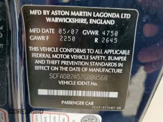 2007 Aston Martin DB9 z VIN SCFAD02A57GB08568, wystawiony jako Copart lot #57238375 z przebiegiem 41 255 mil mil oraz Tytuł czysty. Historia ofert i sprzedaży dostępna na DreamBid. Obrazek 13.