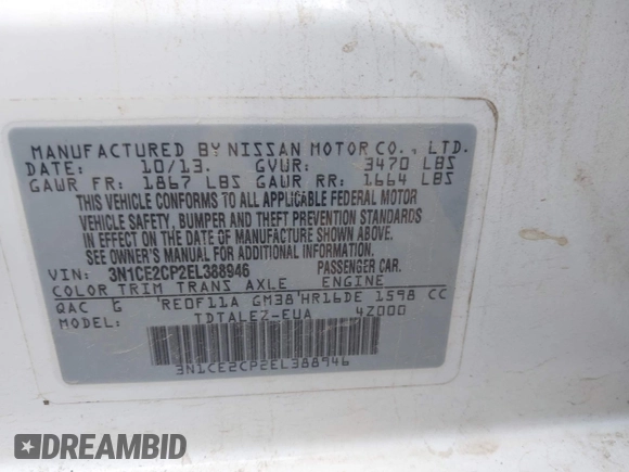 2014 Nissan Note SV с VIN 3N1CE2CP2EL388946, выставлен на аукционе IAAI как лот 42473452 с пробегом 70 614 миль миль и . История ставок и продаж доступна на DreamBid. Изображение 9.