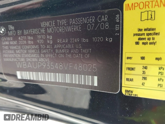 2008 BMW 1 Series 128i with VIN WBAUP93548VF48025, listed as a IAAI auction lot 41003684 with 140,344 mi miles and . Bid and sale history available at DreamBid. Image 9.