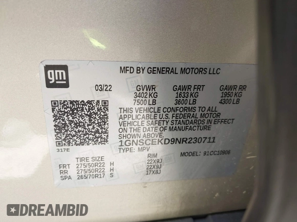 2022 Chevrolet Suburban RST with VIN 1GNSCEKD9NR230711, listed as a IAAI auction lot 42086329 with 115,792 mi miles and . Bid and sale history available at DreamBid. Image 9.