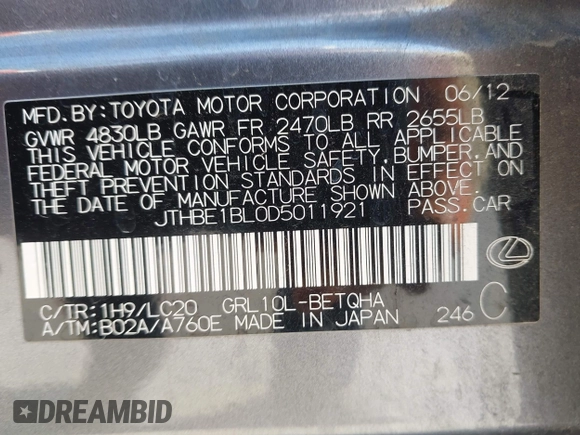 2013 Lexus GS 350 z VIN JTHBE1BL0D5011921, wystawiony jako IAAI lot #42026835 z przebiegiem 274 942 mil mil oraz . Historia ofert i sprzedaży dostępna na DreamBid. Obrazek 9.