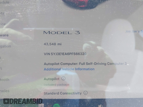 2023 Tesla Model 3 z VIN 5YJ3E1EA6PF566326, wystawiony jako IAAI lot #42687125 z przebiegiem 43 548 mil mil oraz . Historia ofert i sprzedaży dostępna na DreamBid. Obrazek 7.