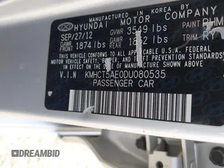 2013 Hyundai Accent GS with VIN KMHCT5AE0DU080535, listed as a IAAI auction lot 41750124 with 81,106 mi miles and . Bid and sale history available at DreamBid. Image 9.