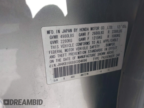 2008 Acura RL Tech Pkg with VIN JH4KB16688C004696, listed as a IAAI auction lot 41593381 with 259,544 mi miles. Bid and sale history available at carsss.com. Image 9.