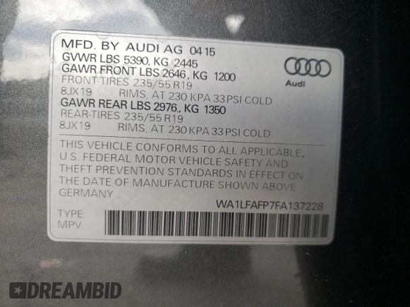 2015 Audi Q5 Premium Plus z VIN WA1LFAFP7FA137228, wystawiony jako Copart lot #62159195 z przebiegiem 135 075 mil mil oraz Szkoda całkowita • Salvage title. Historia ofert i sprzedaży dostępna na DreamBid. Obrazek 13.