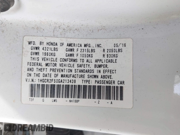 2016 Honda Accord Sport z VIN 1HGCR2F50GA213439, wystawiony jako IAAI lot #42081539 z przebiegiem 82 937 mil mil oraz . Historia ofert i sprzedaży dostępna na DreamBid. Obrazek 9.