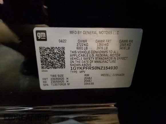 2022 Cadillac XT6 Premium Luxury with VIN 1GYKPFRS0NZ154930, listed as a Copart auction lot 88454595 with 26,334 mi miles and Salvage Title. Bid and sale history available at carsss.com. Image 14.