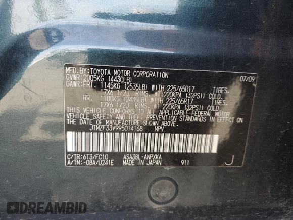2009 Toyota RAV4 with VIN JTMZF33V995014168, listed as a Copart auction lot 48317965 with 143,773 mi miles and Salvage Title. Bid and sale history available at carsss.com. Image 13.