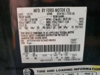 2012 Ford F-150 XL with VIN 1FTFW1EF3CKD18053, listed as a Copart auction lot 57439645 with 166,463 mi miles and Salvage title. Bid and sale history available at DreamBid. Image 12.