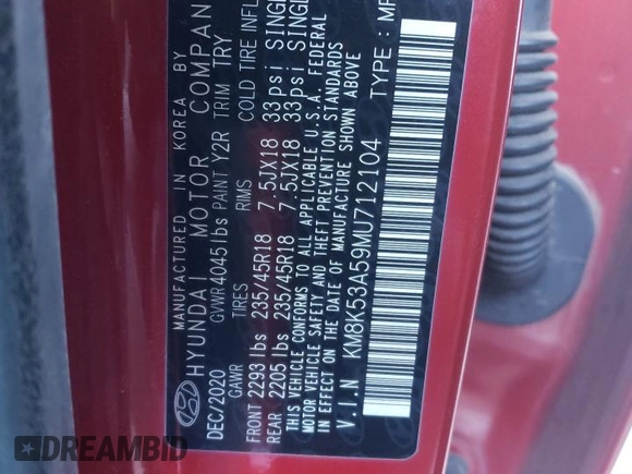 2021 Hyundai Kona Ultimate with VIN KM8K53A59MU712104, listed as a Copart auction lot 87926405 with 0 mi miles and Salvage Title. Bid and sale history available at carsss.com. Image 13.