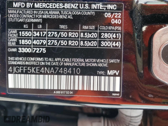 2022 Mercedes-Benz GLS 450 with VIN 4JGFF5KE4NA748410, listed as a Copart auction lot 54735164 with 11,909 mi miles and Salvage Title. Bid and sale history available at DreamBid. Image 13.
