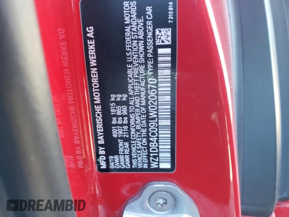 2020 Toyota Supra 3.0 with VIN WZ1DB4C09LW020670, listed as a Copart auction lot 76634174 with Not provided miles and Salvage title. Bid and sale history available at DreamBid. Image 14.