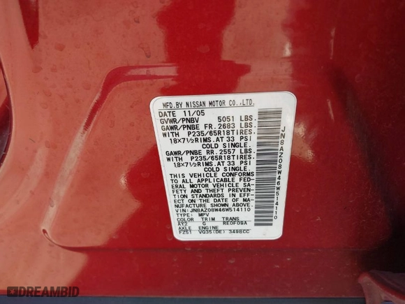 2006 Nissan Murano SL with VIN JN8AZ08W46W514110, listed as a IAAI auction lot 39144494 with 0 mi miles. Bid and sale history available at carsss.com. Image 9.