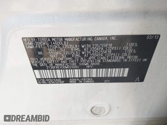 2013 Toyota RAV4 Limited with VIN 2T3DFREV3DW024884, listed as a IAAI auction lot 42755159 with 275,848 mi miles and . Bid and sale history available at DreamBid. Image 9.