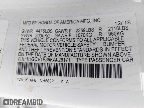 2019 Honda Accord Sport with VIN 1HGCV1F36KA026171, listed as a IAAI auction lot 42461323 with 53,435 mi miles and . Bid and sale history available at DreamBid. Image 9.