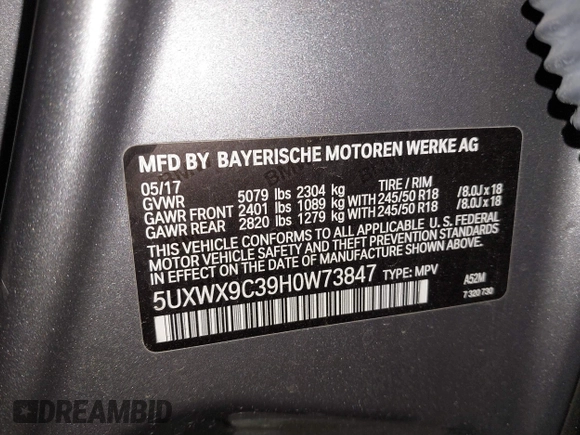 2017 BMW X3 xDrive28i with VIN 5UXWX9C39H0W73847, listed as a IAAI auction lot 41458734 with 124,711 mi miles and . Bid and sale history available at DreamBid. Image 9.