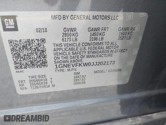 2018 Chevrolet Traverse LS z VIN 1GNEVFKW0JJ202173, wystawiony jako IAAI lot #42494931 z przebiegiem 85 209 mil mil oraz . Historia ofert i sprzedaży dostępna na DreamBid. Obrazek 9.