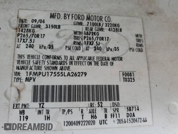 2005 Ford Expedition Eddie Bauer with VIN 1FMPU17555LA26279, listed as a Copart auction lot 44762945 with Not provided miles and Clean title. Bid and sale history available at DreamBid. Image 13.