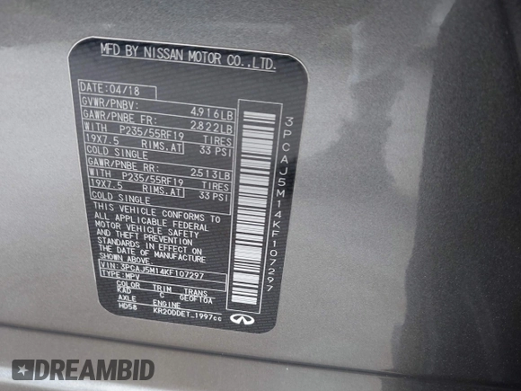 2019 Infiniti QX50 Essential with VIN 3PCAJ5M14KF107297, listed as a IAAI auction lot 42279368 with 93,168 mi miles and . Bid and sale history available at DreamBid. Image 9.