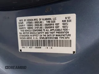 2007 Honda Odyssey EX-L z VIN 5FNRL38757B121989, wystawiony jako IAAI lot #42323131 z przebiegiem 174 906 mil mil oraz . Historia ofert i sprzedaży dostępna na DreamBid. Obrazek 9.
