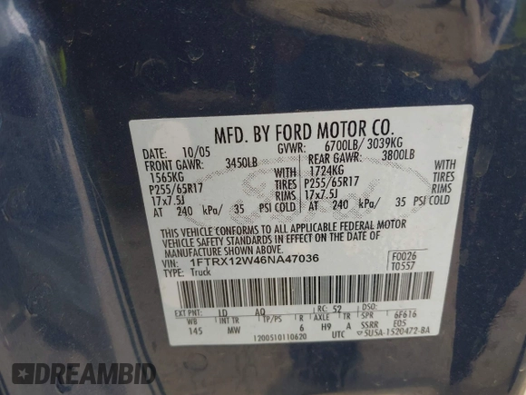 2006 Ford F-150 STX with VIN 1FTRX12W46NA47036, listed as a IAAI auction lot 41886208 with 272,391 mi miles. Bid and sale history available at carsss.com. Image 9.